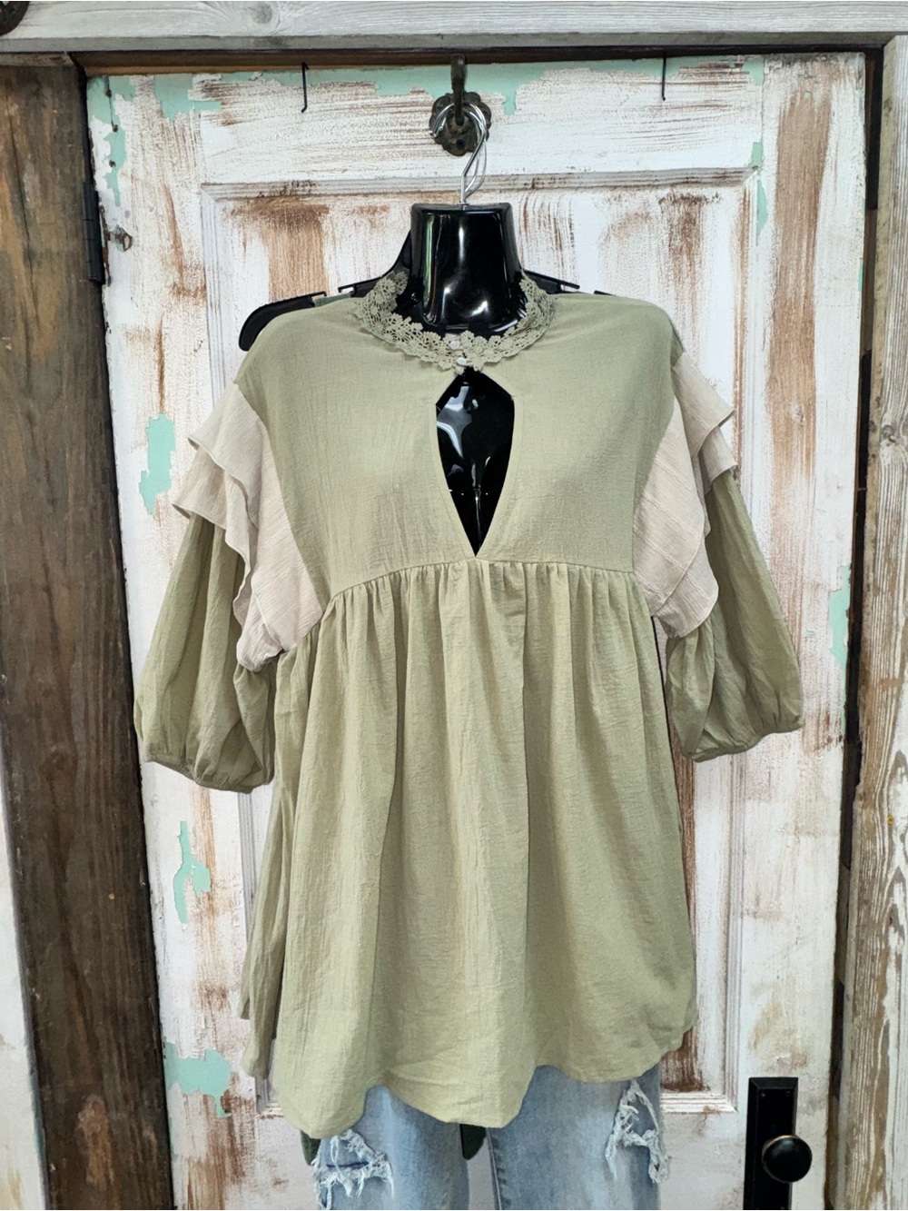 Listicle Sage Green Tunic with Cream Ruffle Shoulders